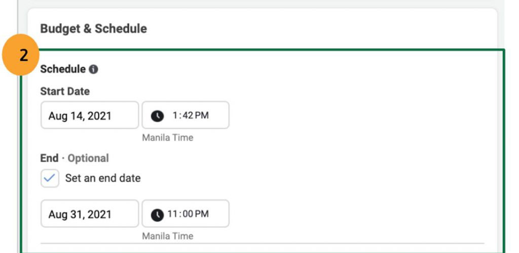 Example of Budget and Schedule on Facebook Ads