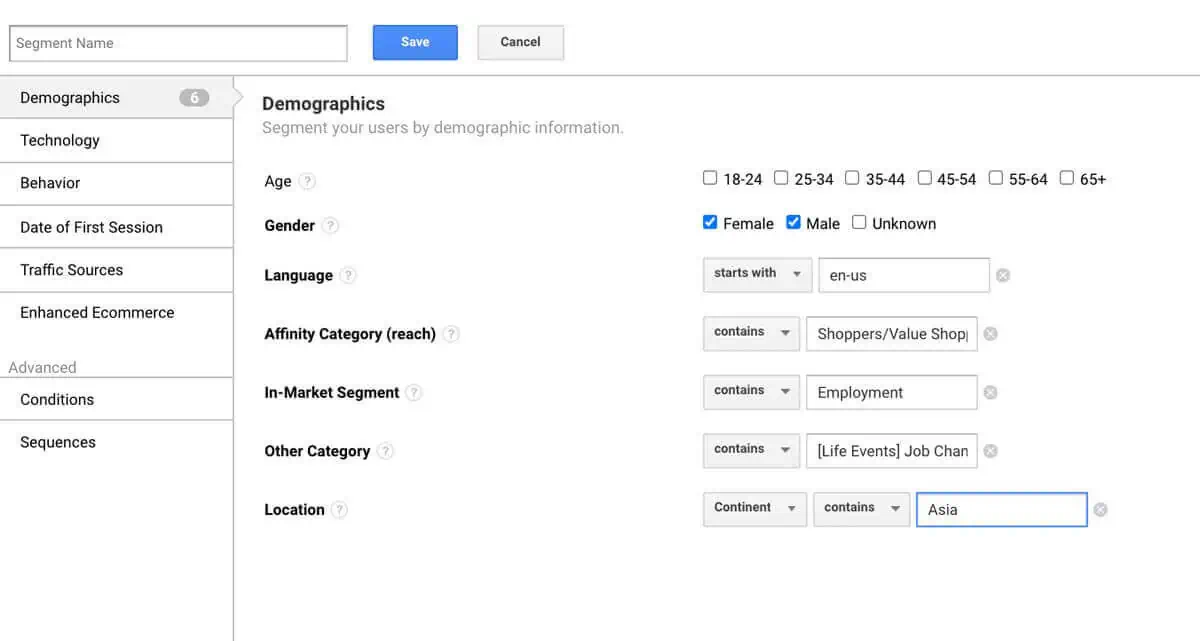 Google Analytics dashboard - Audience Segments